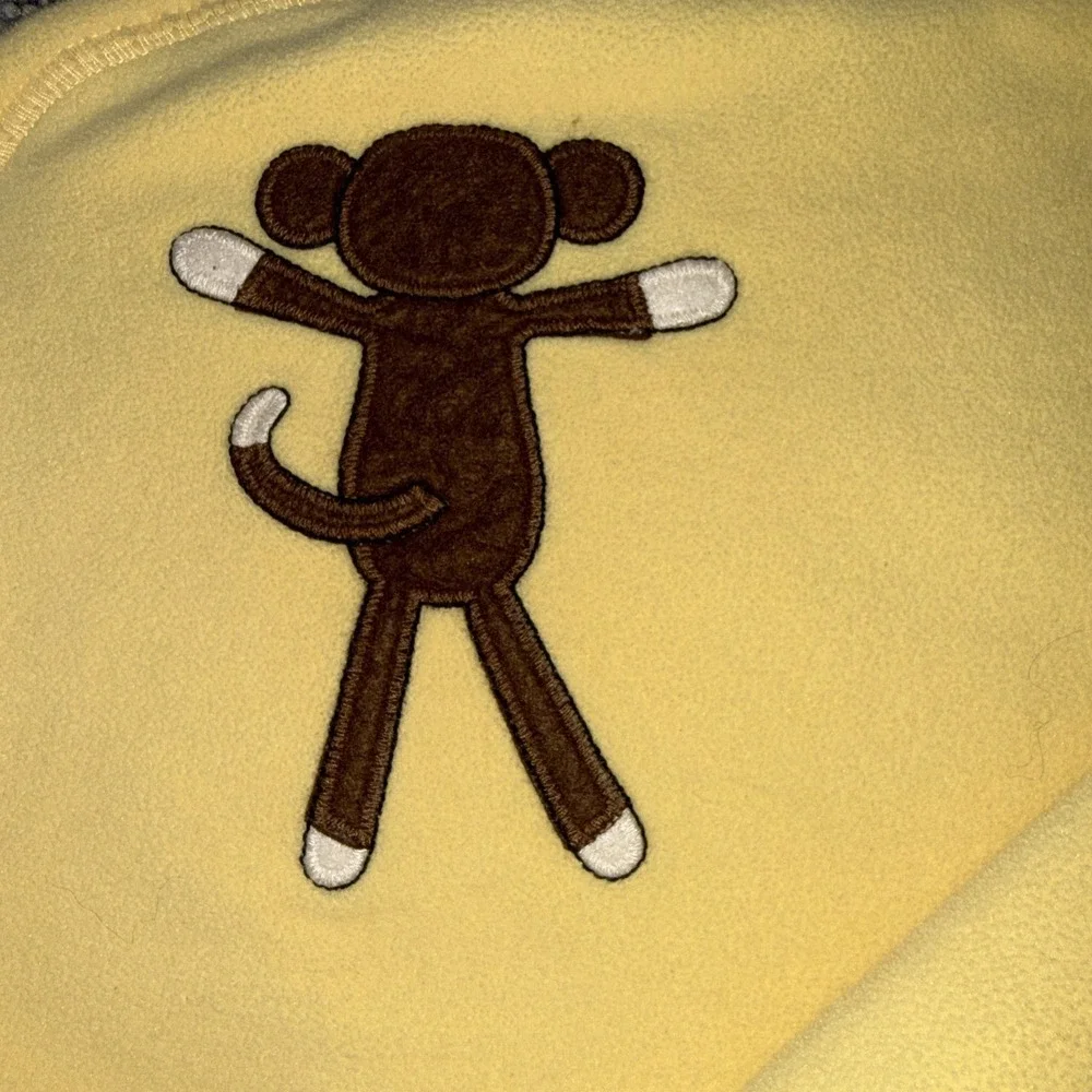Vtg Gymboree Sock Monkey & Friends Yellow White Stripe Baby Blanket 2004 EUC